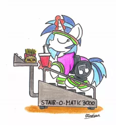 Size: 1206x1312 | Tagged: safe, artist:bobthedalek, derpibooru import, vinyl scratch, pony, unicorn, burger, clothes, exercise, fast food, female, food, french fries, headband, leotard, solo, stairs, sweatband, this will end in weight gain, traditional art, treadmill, you're doing it wrong