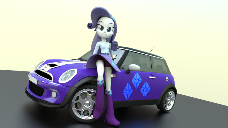 Size: 1920x1080 | Tagged: safe, artist:creatorofpony, artist:renderanon, derpibooru import, rarity, equestria girls, /mlp/, 3d, blender, boots, boyshorts, bracelet, car, clothes, high heel boots, jewelry, mini cooper, panties, purple underwear, shirt, skirt, solo, underwear, upskirt