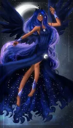 Size: 1915x3377 | Tagged: artist:zaameen, barefoot, clothes, derpibooru import, dress, feet, human, humanized, moon, nail polish, princess luna, safe, solo, winged humanization