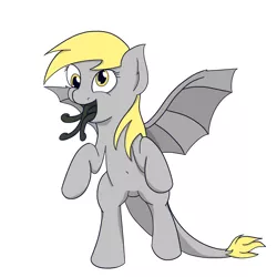 Size: 1200x1200 | Tagged: safe, artist:varemia, derpibooru import, derpy hooves, monster pony, original species, pony, tatzlpony, bat wings, belly button, bipedal, open mouth, smiling, solo, tatzlderp, tentacle tongue, tentacles