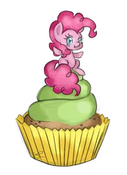 Size: 489x677 | Tagged: artist:chiuuchiuu, chibi, cupcake, derpibooru import, pinkie pie, safe, simple background, solo, transparent background