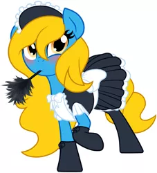 Size: 1892x2085 | Tagged: artist:furrgroup, ask internet explorer, blushing, browser ponies, clothes, derpibooru import, duster, internet explorer, looking at you, maid, oc, oc:internet explorer, safe, simple background, socks, solo, unofficial characters only, white background