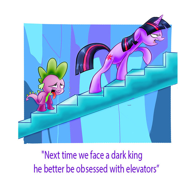 Size: 737x696 | Tagged: safe, artist:nukilik, derpibooru import, spike, twilight sparkle, dragon, pony, unicorn, the crystal empire, exhausted, female, male, mare, open mouth, stairs, sweat, tired, tongue out, twilight is not amused, unamused