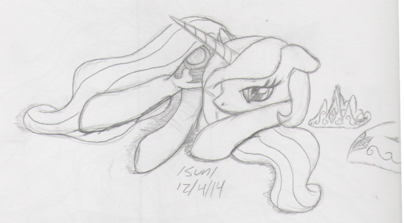 Size: 1145x633 | Tagged: artist:slash-sun-slash, celestiadoodle, cute, cutelestia, derpibooru import, lying, lying down, monochrome, princess celestia, safe, sketch, solo, traditional art