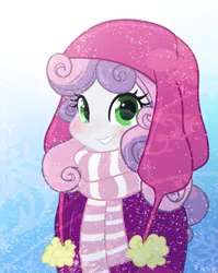 Size: 949x1195 | Tagged: safe, artist:orbis93, derpibooru import, sweetie belle, equestria girls, blushing, chubby cheeks, clothes, coat, cute, diasweetes, hat, looking at you, scarf, snow, snowfall, solo, weapons-grade cute, winter
