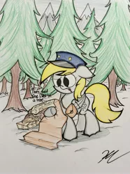 Size: 2126x2862 | Tagged: safe, artist:pelate, derpibooru import, derpy hooves, pegasus, pony, confused, dexterous hooves, female, floppy ears, forest, hat, mail, mailbag, mailmare, map, mare, solo, traditional art