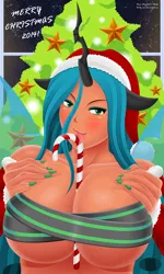 Size: 1080x1800 | Tagged: suggestive, artist:evov1, derpibooru import, queen chrysalis, human, breast grab, breast squeeze, breasts, busty queen chrysalis, christmas, female, grope, horned humanization, humanized, licking, nail polish, nudity, ribbon bikini, solo, solo female, strategically covered, stupid sexy chrysalis, teasing, tongue out