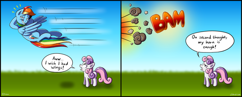 Size: 2000x801 | Tagged: artist:tobibrocki, backwards cutie mark, comic, derpibooru import, envy, rainbow crash, rainbow dash, safe, sweetie belle, wing envy