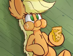 Size: 900x700 | Tagged: applejack, apple pie, artist:heir-of-rick, chewing, daily apple pony, derpibooru import, eating, hatless, impossibly large ears, missing accessory, on back, pie, puffy cheeks, safe, solo