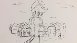 Size: 2000x1125 | Tagged: safe, artist:ncmares, derpibooru import, applejack, pony, giant pony, macro, monochrome, nose wrinkle, ponyville, scrunchy face, sketch, solo, stuck, traditional art