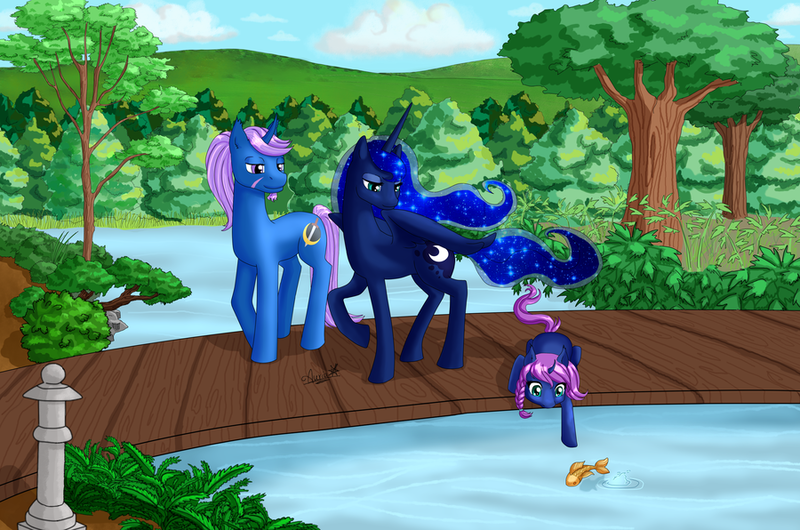 Size: 900x596 | Tagged: safe, artist:auriaslayer, derpibooru import, princess luna, oc, oc:azure night, oc:seline, azuna, canon x oc, family, father and daughter, mother and daughter, offspring, parent:oc:azure night, parent:princess luna, parents:azuna, parents:canon x oc