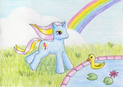 Size: 1024x721 | Tagged: artist:normaleeinsane, derpibooru import, dewdrop dazzle, duck, g3, g4 to g3, generation leap, pond, rainbow, safe, solo, traditional art