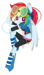 Size: 532x900 | Tagged: safe, artist:snow angel, derpibooru import, rainbow dash, equestria girls, blushing, body blush, ear blush, goggles, midriff, no nose, ponied up, simple background, solo, transparent background