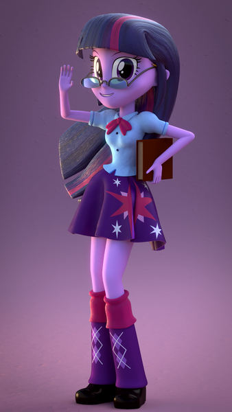 Size: 1080x1920 | Tagged: safe, artist:3d thread, artist:creatorofpony, derpibooru import, twilight sparkle, twilight sparkle (alicorn), equestria girls, /mlp/, 3d, 3d model, book, glasses, grin, looking at you, smiling, solo, waving