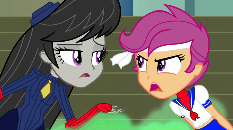 Size: 1280x715 | Tagged: safe, derpibooru import, edit, edited screencap, screencap, octavia melody, scootaloo, equestria girls, rainbow rocks, cosplay, decapre, juli, sakura kasugano, street fighter