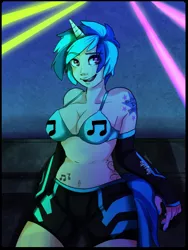 Size: 450x600 | Tagged: artist:dragonfruitdarigan, belly button, bra, breasts, busty vinyl scratch, clothes, compression shorts, derpibooru import, female, fingerless elbow gloves, fingerless gloves, gloves, horned humanization, human, humanized, nightclub, open mouth, solo, solo female, suggestive, tattoo, tight clothing, underwear, vinyl scratch