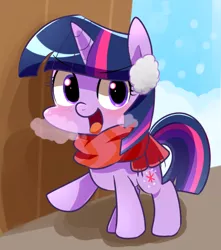 Size: 530x600 | Tagged: safe, artist:sion-ara, derpibooru import, twilight sparkle, blushing, breath, chibi, clothes, cold, cute, earmuffs, featured image, image, looking at you, open mouth, png, raised hoof, scarf, snow, snowfall, solo, twiabetes, winter