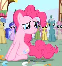 Size: 535x567 | Tagged: safe, derpibooru import, screencap, goldengrape, high note, merry may, parasol, pinkie pie, royal riff, sea swirl, seafoam, sir colton vines iii, twinkleshine, earth pony, pony, pinkie pride, cropped, female, mare, reaction image, sad, sitting, solo focus, teary eyes