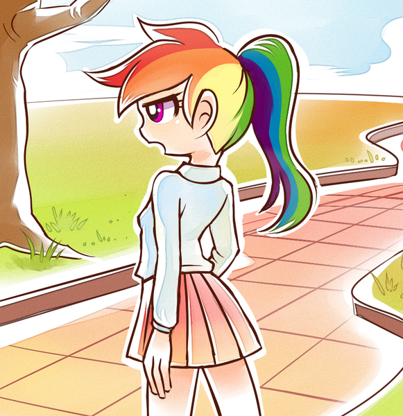 Size: 900x930 | Tagged: alternate hairstyle, artist:chch, clothes, cloud, cloudy, derpibooru import, human, humanized, miniskirt, path, ponytail, rainbow dash, safe, schoolgirl, school uniform, shirt, skirt, sky, solo, tree