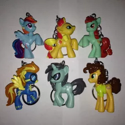 Size: 570x570 | Tagged: safe, derpibooru import, candy apples, cheese sandwich, neon lights, rainbow dash, rising star, spitfire, sunset shimmer, pony, apple family member, blind bag, custom, keychain, toy