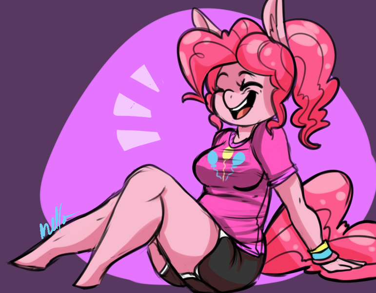 Size: 900x700 | Tagged: alternate hairstyle, anthro, artist:dragonfruitdarigan, breasts, clothes, cute, cutie mark clothes, derpibooru import, diapinkes, eyes closed, female, happy, laughing, pinkie pie, plump, ponytail, safe, shirt, shorts, simple background, solo, sweatband