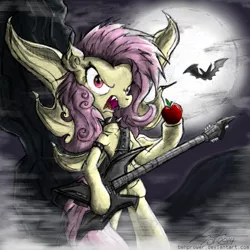 Size: 1200x1200 | Tagged: safe, artist:flutterthrash, derpibooru import, fluttershy, bat, bat pony, pony, apple, bipedal, choker, collar, electric guitar, flutterbat, full moon, guitar, metal, moon, night, parody, race swap, solo, spiked choker