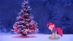 Size: 1920x1080 | Tagged: safe, artist:lexuzieel, derpibooru import, edit, pinkie pie, earth pony, pony, winter wrap up, christmas lights, christmas tree, clothes, eyes closed, female, irl, laughing, mare, photo, ponies in real life, shadow, snow, solo, tree, vector, vest, wallpaper, weather team, winter wrap up vest