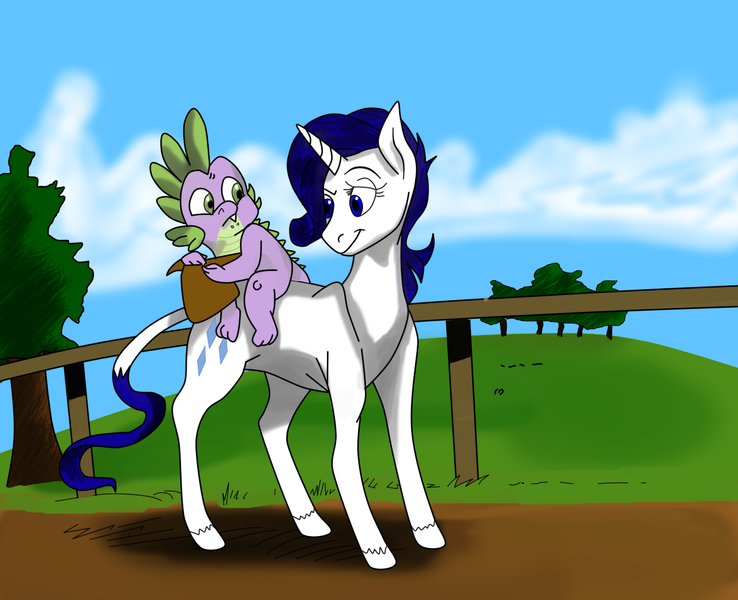 Size: 1280x1041 | Tagged: safe, artist:ced75, artist:imsokyo, derpibooru import, rarity, spike, classical unicorn, dragon, pony, unicorn, daily life of spike, colored, dragons riding ponies, duo, female, leonine tail, male, mare, riding