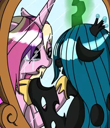 Size: 1944x2273 | Tagged: artist:reneesdetermination, crying, derpibooru import, mirror, princess cadance, queen chrysalis, safe