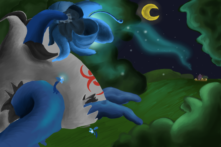 Size: 750x500 | Tagged: artist:arcum89, derpibooru import, moon, night, poison joke, safe