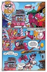 Size: 900x1384 | Tagged: safe, artist:brendahickey, derpibooru import, idw, fawn doo, marcie pan, pinkie pie, twilight sparkle, twilight sparkle (alicorn), alicorn, pony, friends forever, spoiler:comic, spoiler:comicff12, bell, catsuit, clothes, crane, denied, female, flailing, idw advertisement, lab coat, mare, nom, nom denied, oh yes, onomatopoeia, preview, sound effects