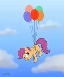 Size: 829x1000 | Tagged: safe, artist:empyu, derpibooru import, pinkie pie, scootaloo, pegasus, pony, 30 minute art challenge, balloon, female, filly, floating, flying, scootaloo can fly, scootaloo can't fly, solo, then watch her balloons lift her up to the sky