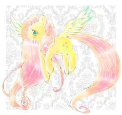 Size: 1600x1510 | Tagged: safe, artist:bubblerubble, derpibooru import, fluttershy, pegasus, pony, colored hooves, colored pupils, cute, flower in hair, long mane, long tail, profile, shyabetes, solo, sparkles, spread wings, wings