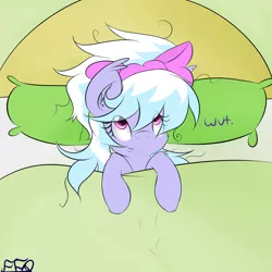 Size: 2000x2000 | Tagged: accessory swap, artist:freefraq, bed, bed mane, bow, cloudchaser, cute, derpibooru import, fluffy, looking up, on back, pillow, safe, smiling, solo, wat