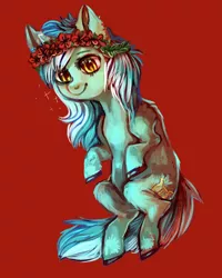 Size: 800x1000 | Tagged: safe, artist:temary03, derpibooru import, lyra heartstrings, pony, unicorn, female, floral head wreath, flower, flower in hair, mare, red background, simple background, solo