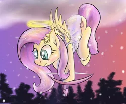 Size: 2400x2001 | Tagged: artist:manfartwish, clothes, cupid, derpibooru import, dress, fluttershy, flying, halo, high res, laurel wreath, safe, solo, tree, winter