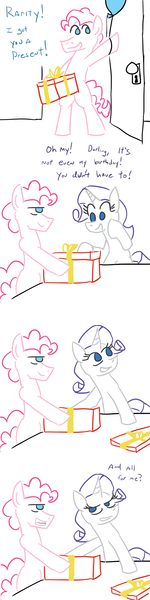 Size: 800x3200 | Tagged: artist:jargon scott, balloon, bubble berry, comic, derpibooru import, dick in a box, door, female, half r63 shipping, male, partial color, pinkie pie, rariberry, raripie, rarity, rule 63, shipping, straight, suggestive