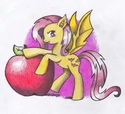 Size: 923x841 | Tagged: artist:miyukikyki, derpibooru import, flutterbat, fluttershy, giant apple, safe, solo, traditional art