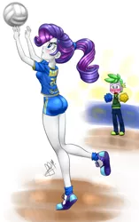 Size: 1200x1909 | Tagged: suggestive, artist:pia-sama, derpibooru import, rarity, spike, equestria girls, alternate hairstyle, ass, blood, blushing, breasts, butt shake, cheerleader, clothes, eyes on the prize, female, human spike, humanized, male, nosebleed, pom pom, ponytail, rearity, shipping, shoes, shorts, sneakers, sparity, straight, the ass was fat, volleyball