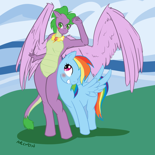 Size: 3000x3000 | Tagged: anthro, artist:halcyon, barb, bedroom eyes, blushing, dragon, female, half r63 shipping, hybrid, lesbian, pegasus, ponified spike, post-transformation, rainbowbarb, rainbow dash, rainbowspike, rule 63, shipping, spike, suggestive, transformation, transgender transformation, unguligrade anthro, wingboner