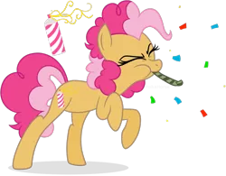 Size: 954x745 | Tagged: safe, artist:ashidaii, artist:poikahorse, derpibooru import, oc, oc:silly string, unofficial characters only, earth pony, pony, female, mare, offspring, parent:cheese sandwich, parent:pinkie pie, parents:cheesepie, party horn, simple background, solo, transparent background