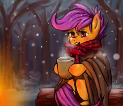 Size: 2200x1900 | Tagged: artist:benjik, blanket, campfire, clothes, forest, mug, newbie artist training grounds, safe, scarf, scootaloo, snow, snowfall, solo