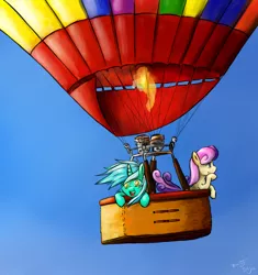 Size: 2350x2500 | Tagged: safe, artist:benjik, derpibooru import, bon bon, lyra heartstrings, sweetie drops, earth pony, pony, unicorn, hot air balloon, newbie artist training grounds, windswept mane