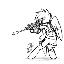 Size: 1500x1500 | Tagged: safe, artist:yunguy1, derpibooru import, pegasus, pony, ar15, bipedal, clothes, gun, military, military pony, monochrome, socks, solo, vest