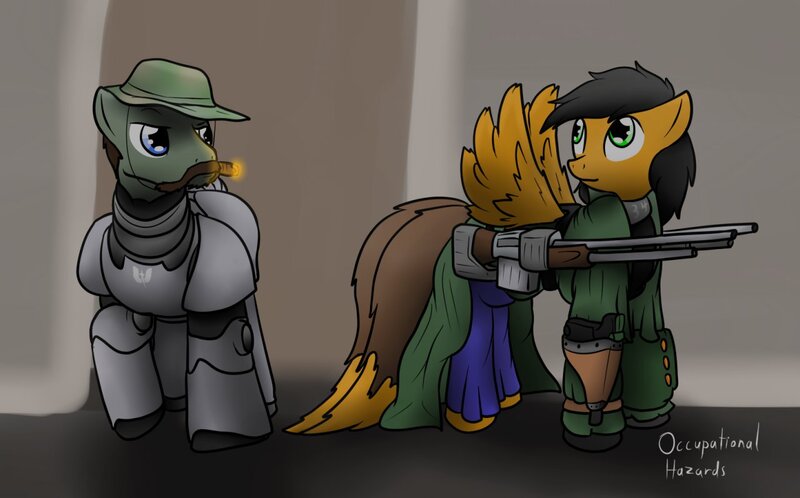 Size: 1280x796 | Tagged: safe, artist:the-furry-railfan, derpibooru import, oc, oc:moral fringe, oc:twintails, unofficial characters only, pegasus, pony, fallout equestria, fallout equestria: occupational hazards, b.a.r., battle saddle, cigar, clothes, gun, hat, luger, pistol, power armor, rifle