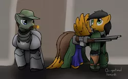Size: 1280x796 | Tagged: safe, artist:the-furry-railfan, derpibooru import, oc, oc:moral fringe, oc:twintails, unofficial characters only, pegasus, pony, fallout equestria, fallout equestria: occupational hazards, b.a.r., battle saddle, cigar, clothes, gun, hat, luger, pistol, power armor, rifle