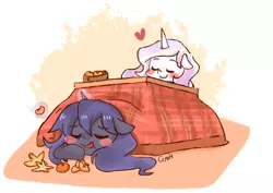 Size: 1200x850 | Tagged: artist:gyaheung, blushing, derpibooru import, eyes closed, food, kotatsu, orange, princess celestia, princess luna, safe, sleeping