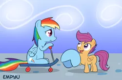 Size: 1000x660 | Tagged: safe, artist:empyu, derpibooru import, rainbow dash, scootaloo, pegasus, pony, 30 minute art challenge, backwards wings, helmet, inverted wings, poison joke, rainbow crash, scooter