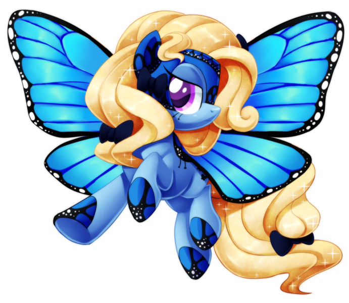 Size: 2302x2000 | Tagged: safe, artist:centchi, derpibooru import, oc, oc:blue peleide, unofficial characters only, butterfly pony, original species, pony, bow, butterfly wings, flying, long description, simple background, solo, tail bow, transparent background