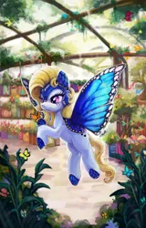 Size: 1656x2592 | Tagged: safe, artist:r0b0tassassin, derpibooru import, oc, oc:blue peleide, unofficial characters only, butterfly, butterfly pony, original species, pegasus, pony, bow, butterfly wings, greenhouse, monarch butterfly, solo, tail bow